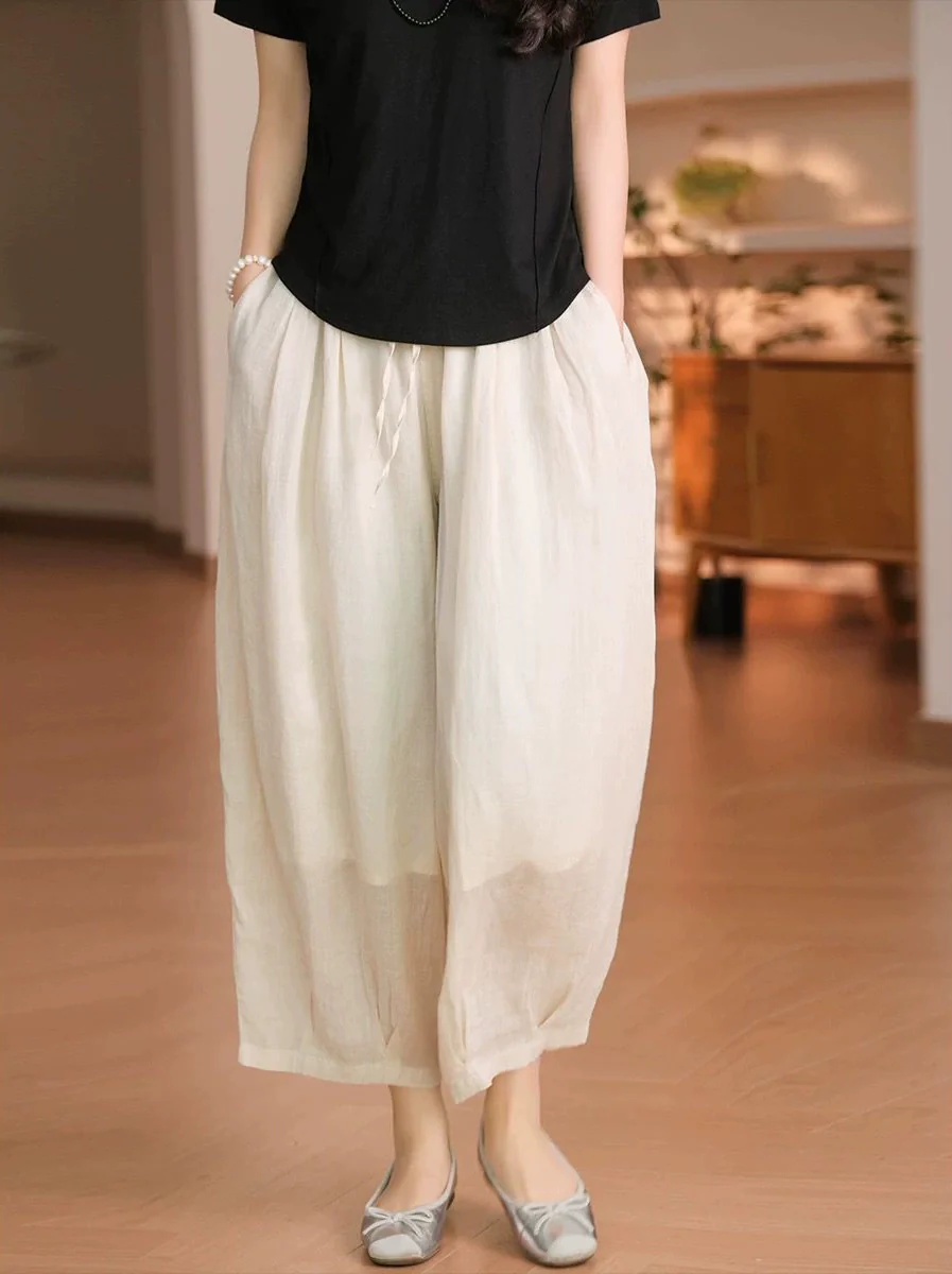 Retro Linen Versatile Double-Layer Casual Loose Elastic Waist Lace Up Pants
