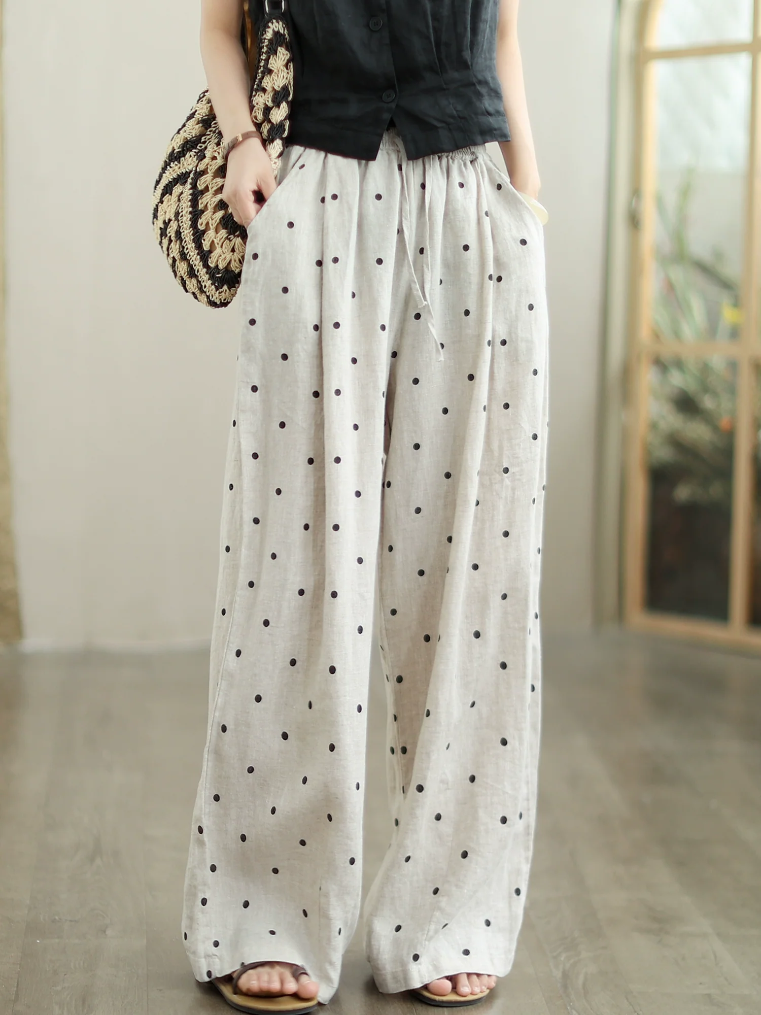 Women Fashionable Linen Polka Dots Versatile Pants