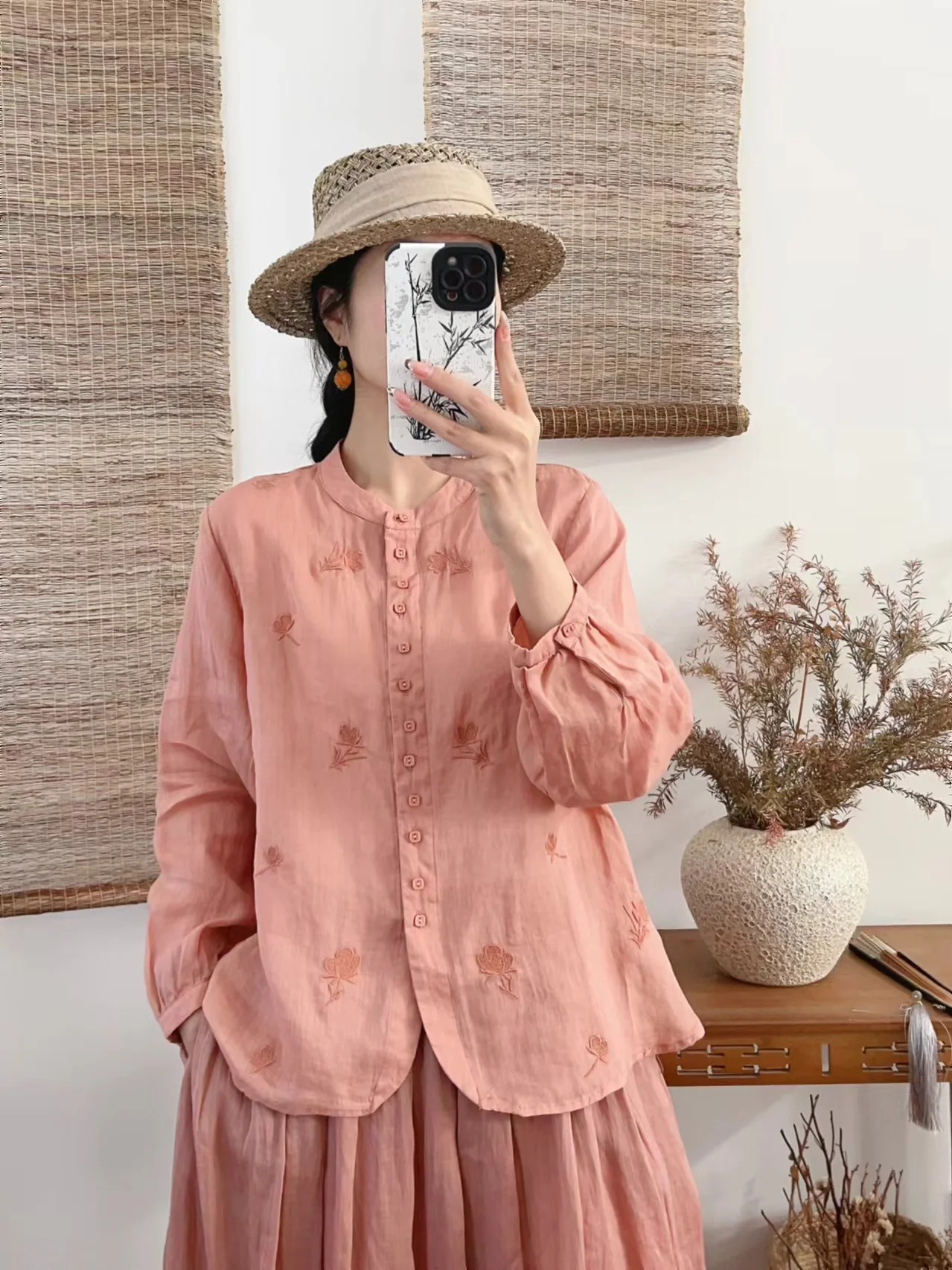 Autumn Retro Ramie Embroidered Stand Collar Long Sleeves Shirt