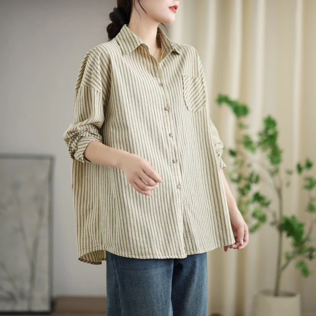 Retro Cotton Striped Casual Loose Patchwork Shirt