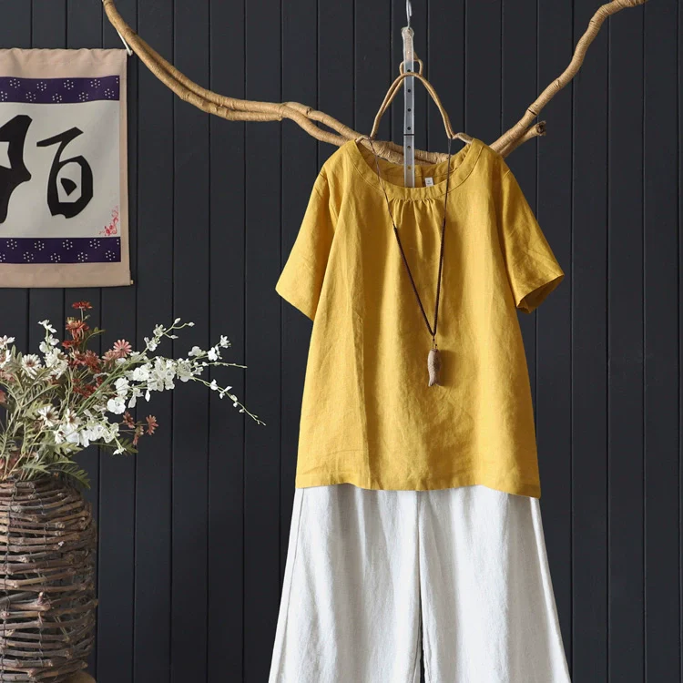 Retro Summer Linen Round Neck Loose Solid Color T-Shirt