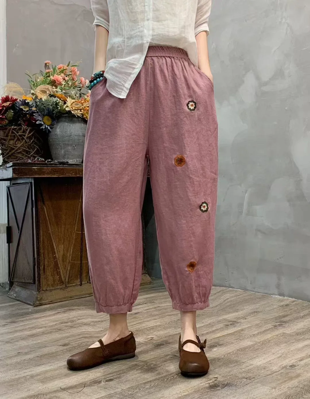 Summer Retro Linen Embroidered Elastic Waist Harem Pants