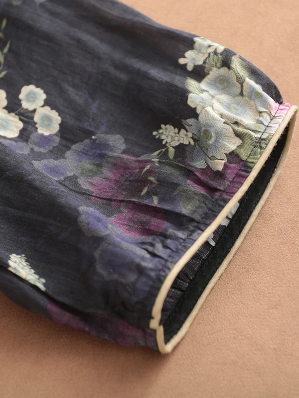 Women Round Toe Ramie Floral Loose Shirt