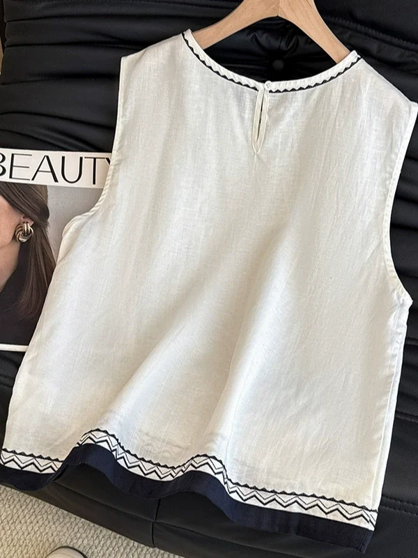 Versatile Linen Embroidered Sleeveless Tops