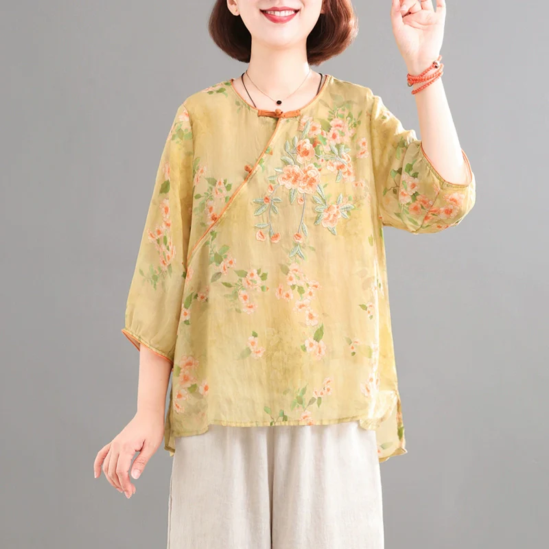 Women Round Toe Ramie Floral Loose Shirt
