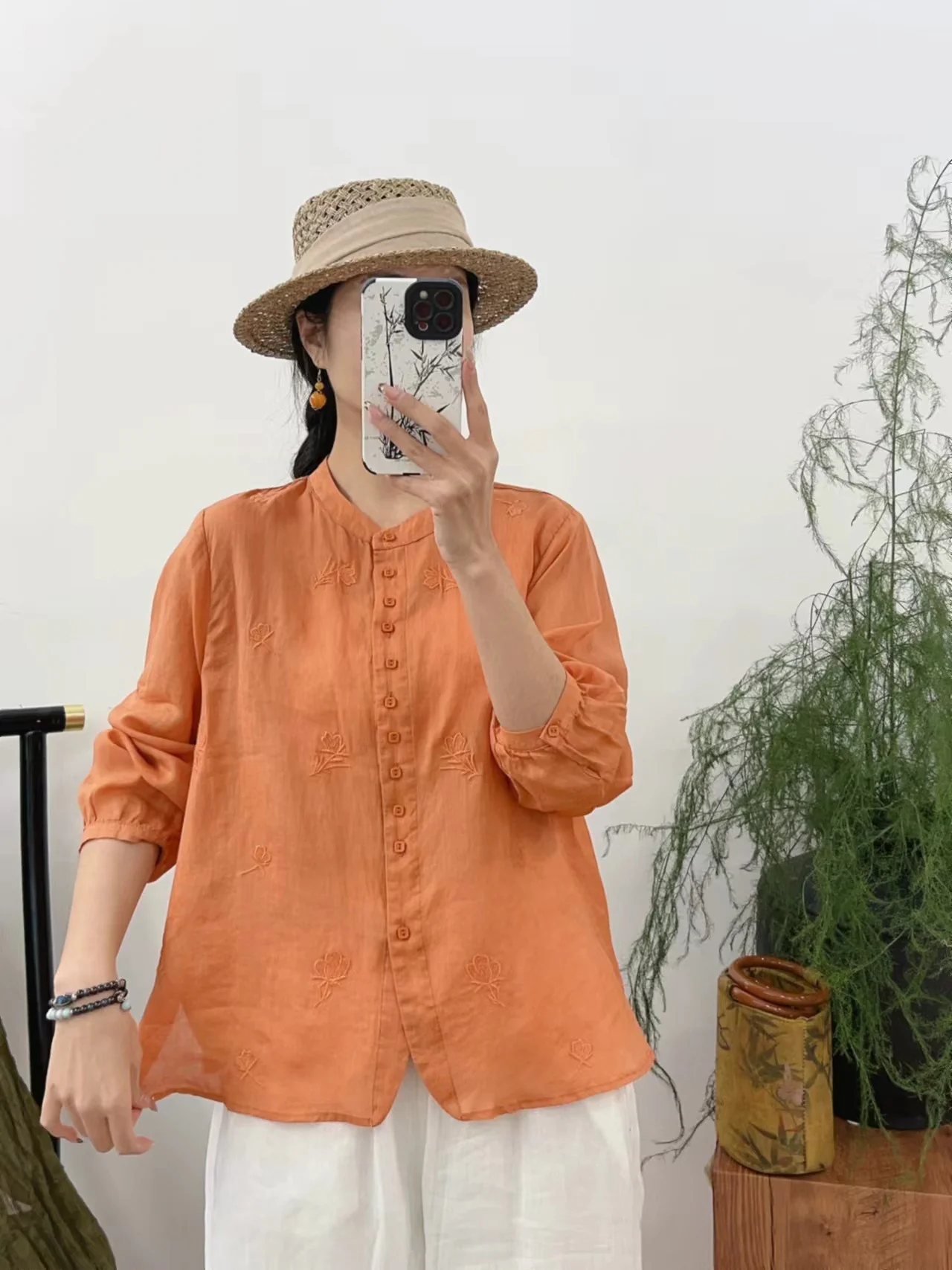 Autumn Retro Ramie Embroidered Stand Collar Long Sleeves Shirt