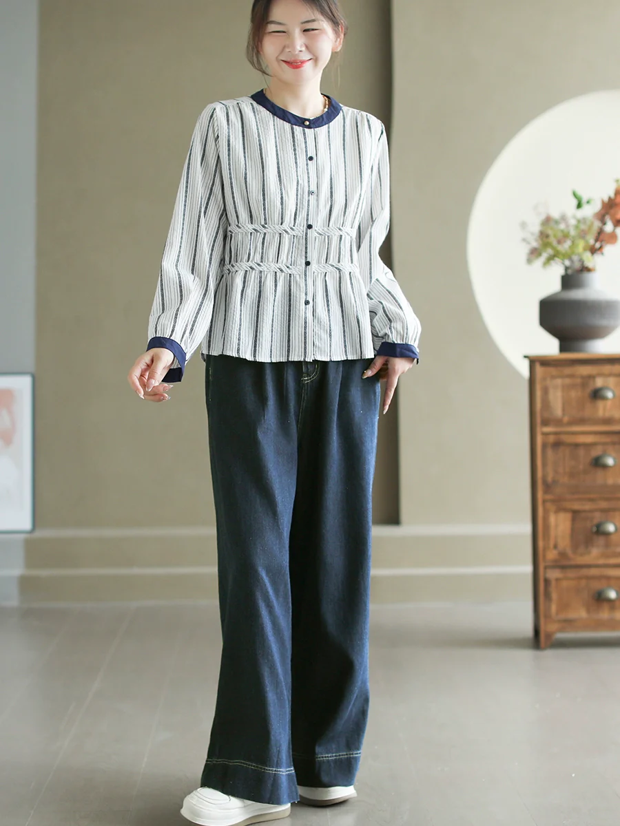 Autumn Cotton Striped Round Neck Patchwork Shirt