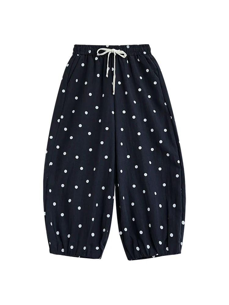 Summer Retro Linen Casual Polka Dots Lace Up Pants
