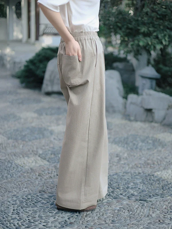 Women Casual Cotton Versatile Elastic Waist Solid Color Pants