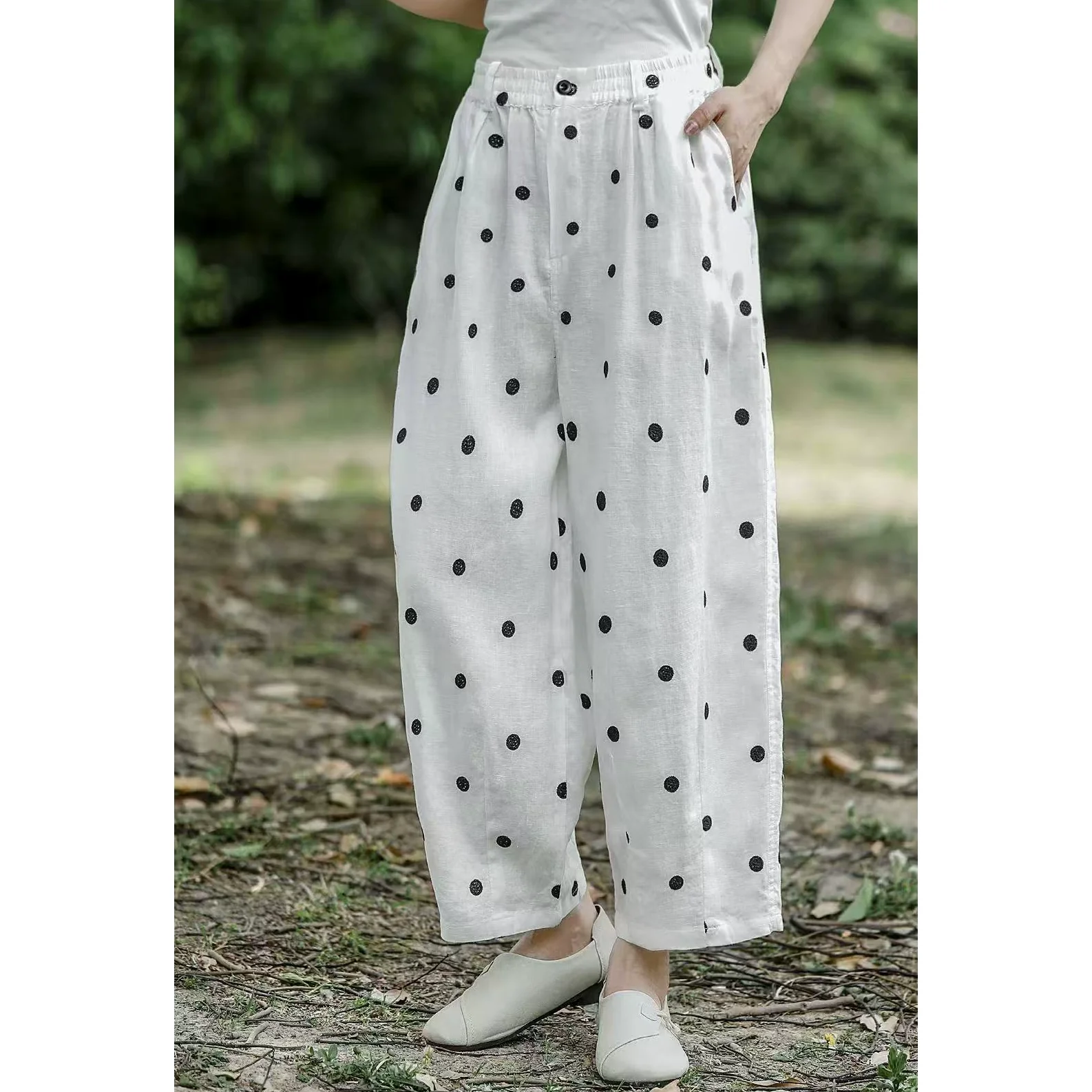 Women Spring Retro Linen Polka Dot Loose Versatile Harem Pants