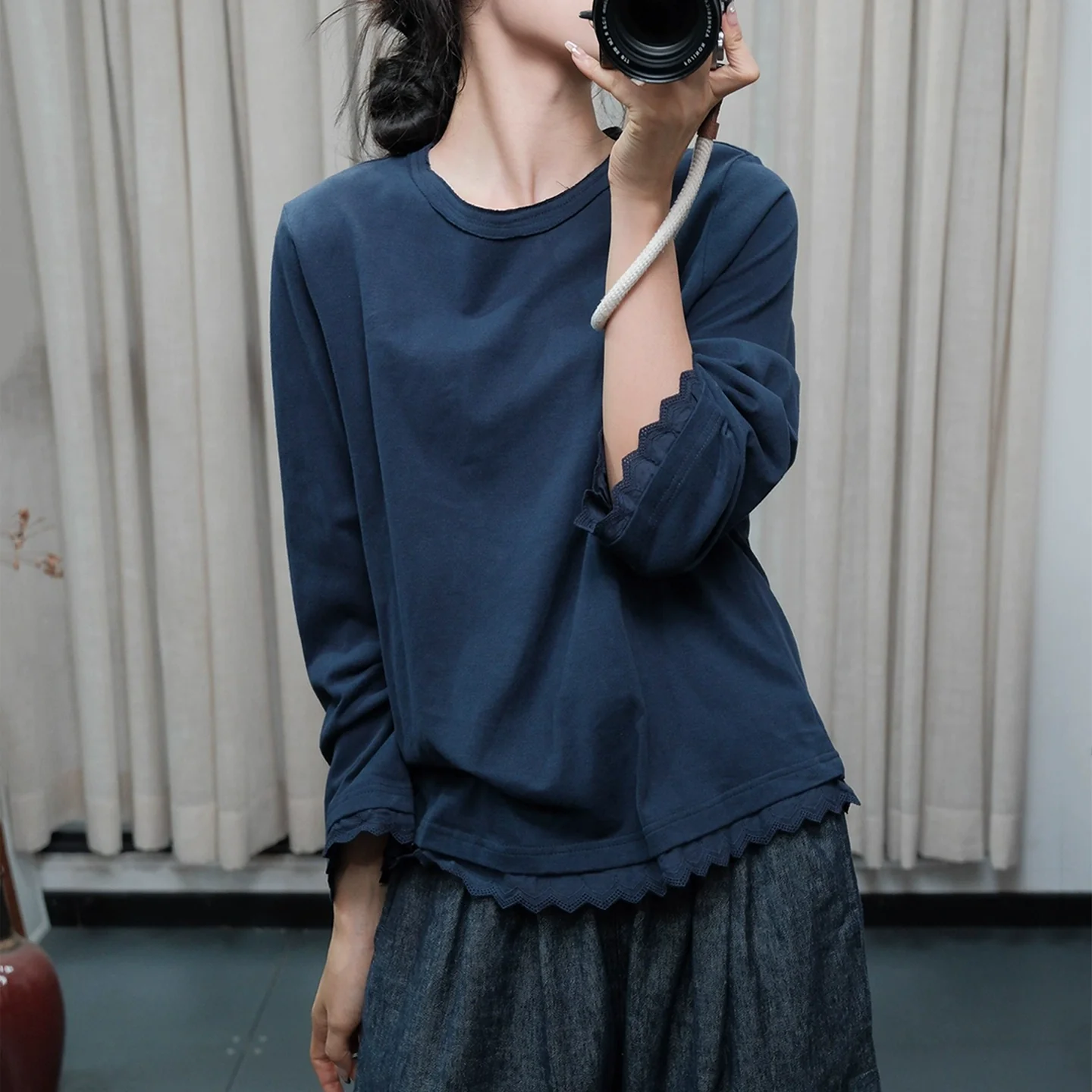 Retro Cotton Round Neck Scalloped Edge Tops