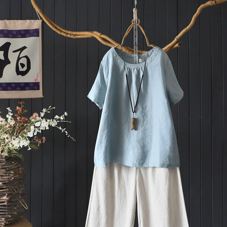 Retro Summer Linen Round Neck Loose Solid Color T-Shirt