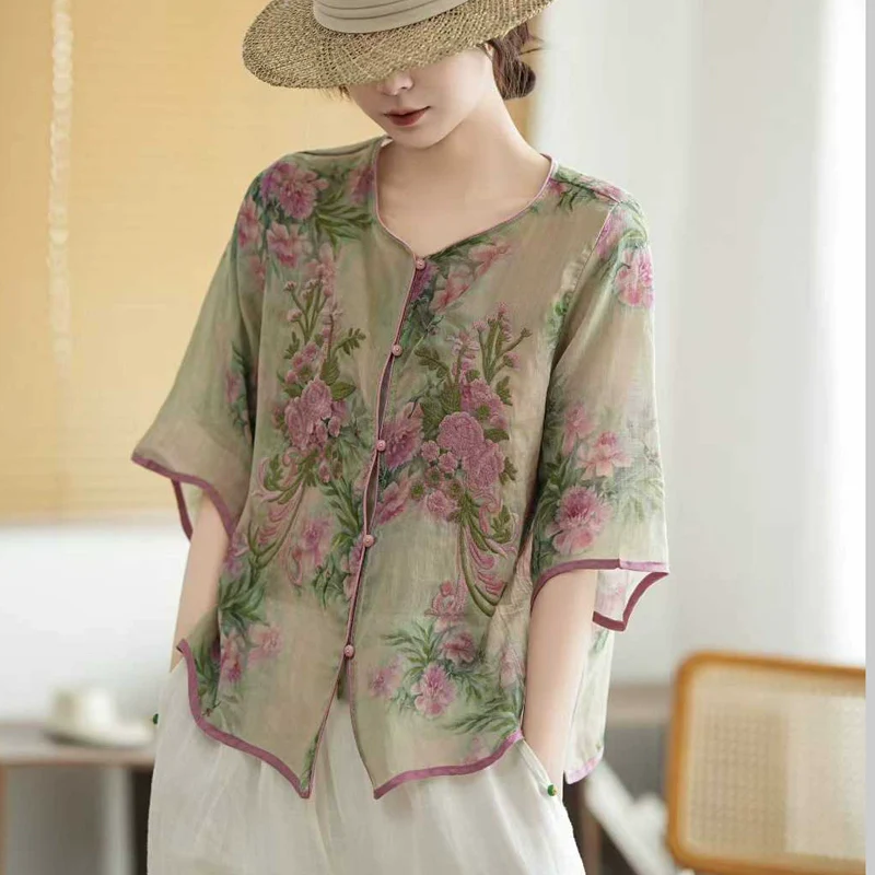 Women Summer Ramie Retro V-Neck Embroidered Loose Shirt