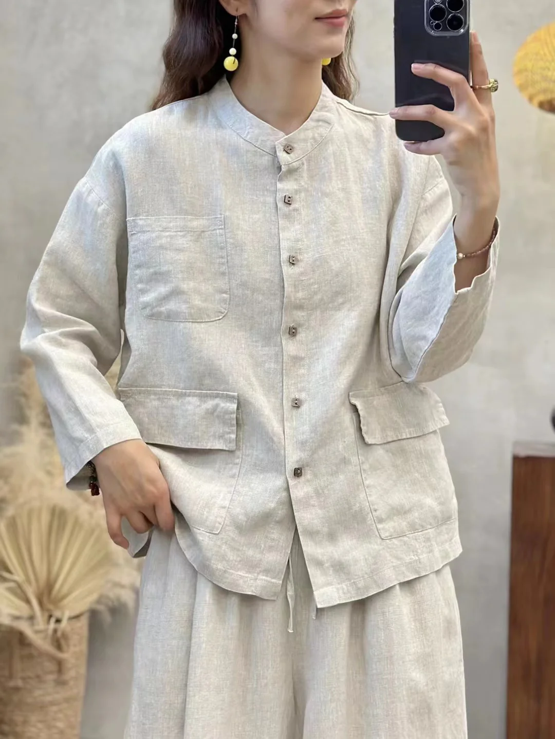 Autumn Retro Linen Washed Versatile Stand Collar Shirt