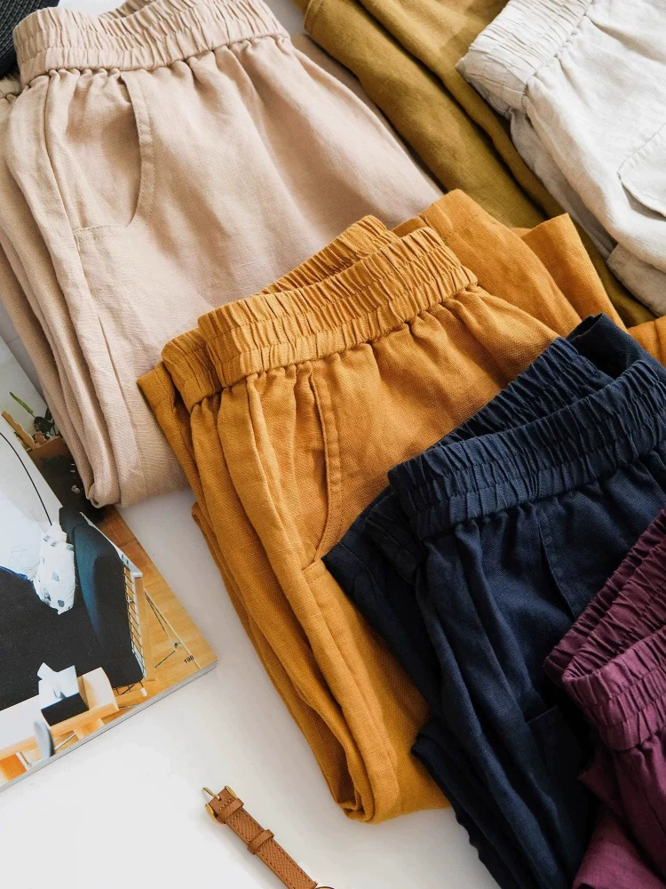 Spring Linen Casual Elastic Waist Loose Pocketed Pants