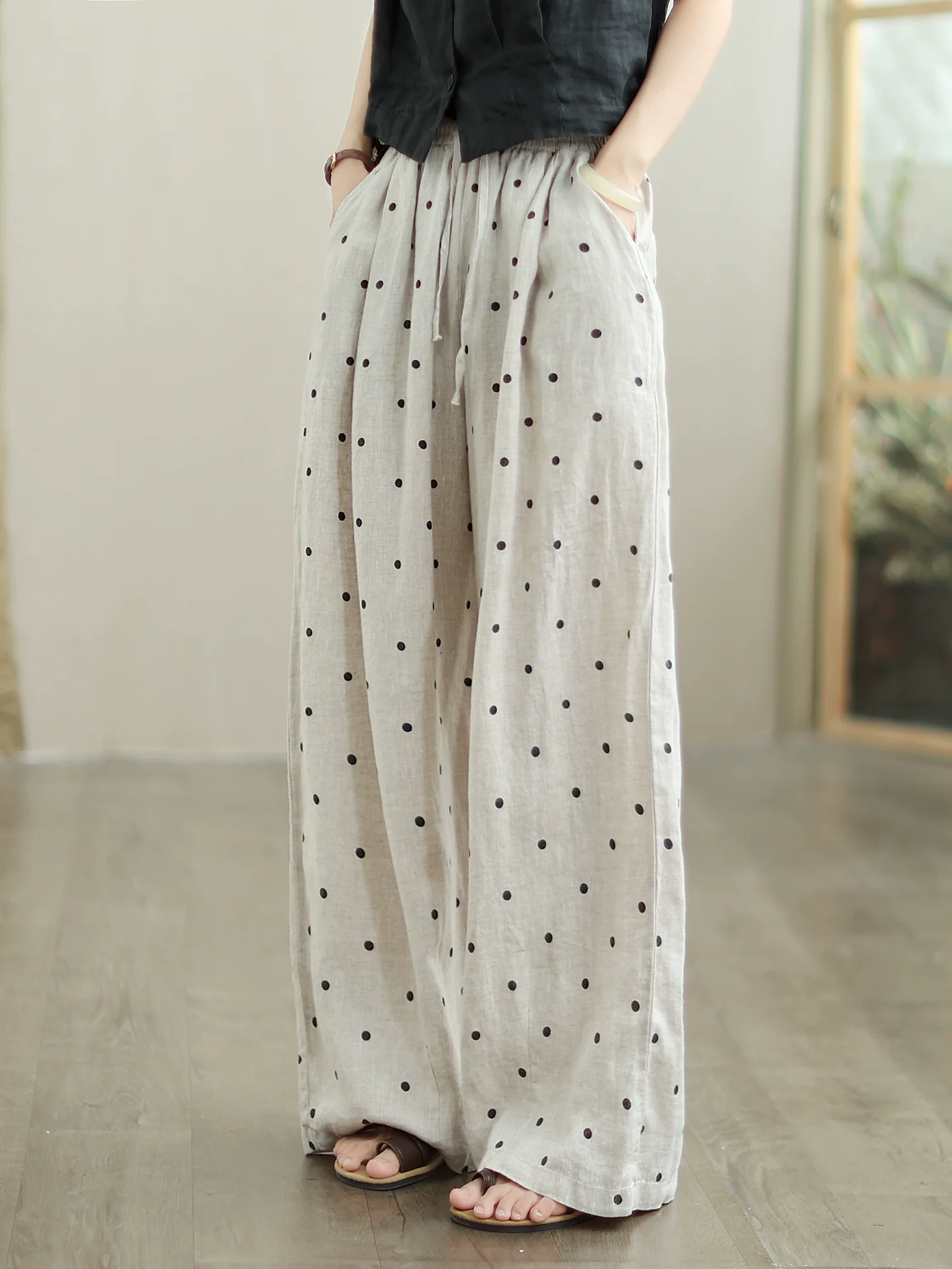 Women Fashionable Linen Polka Dots Versatile Pants