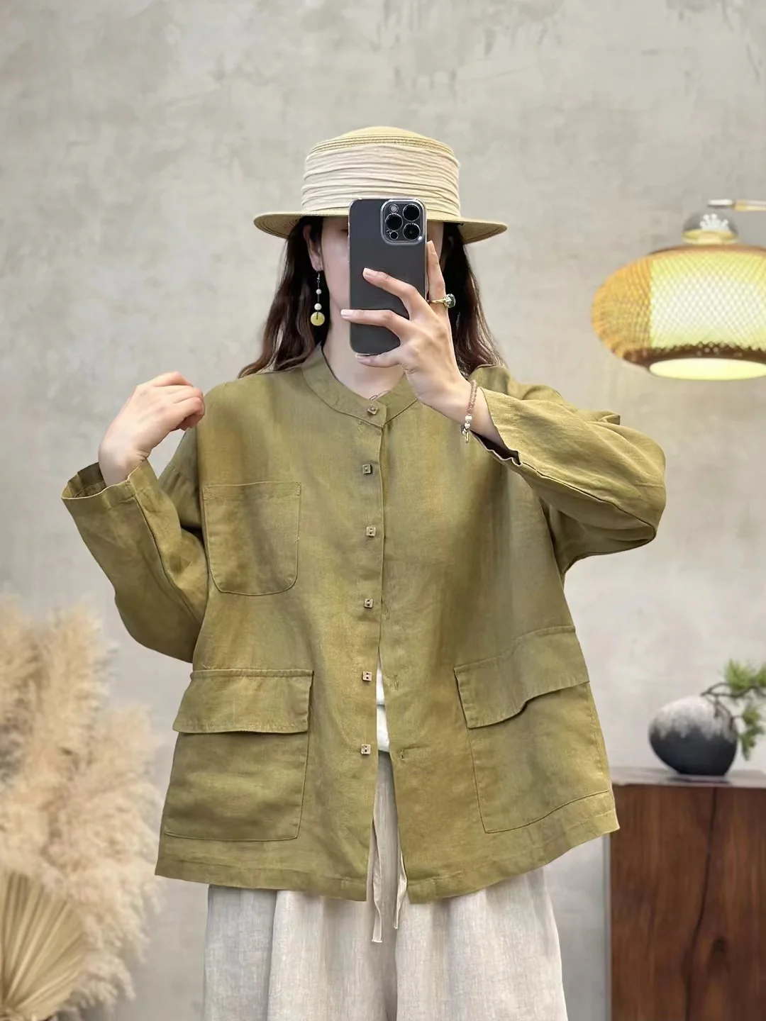 Autumn Retro Linen Washed Versatile Stand Collar Shirt