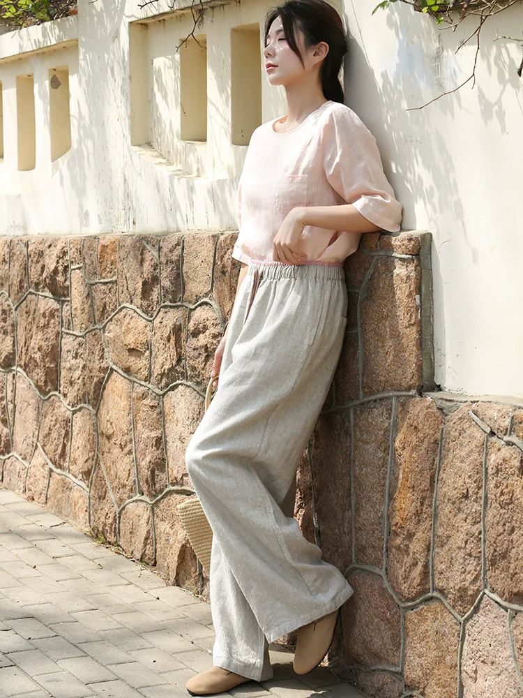 Women Casual Linen Elastic Waist Loose Lace-Up Pants