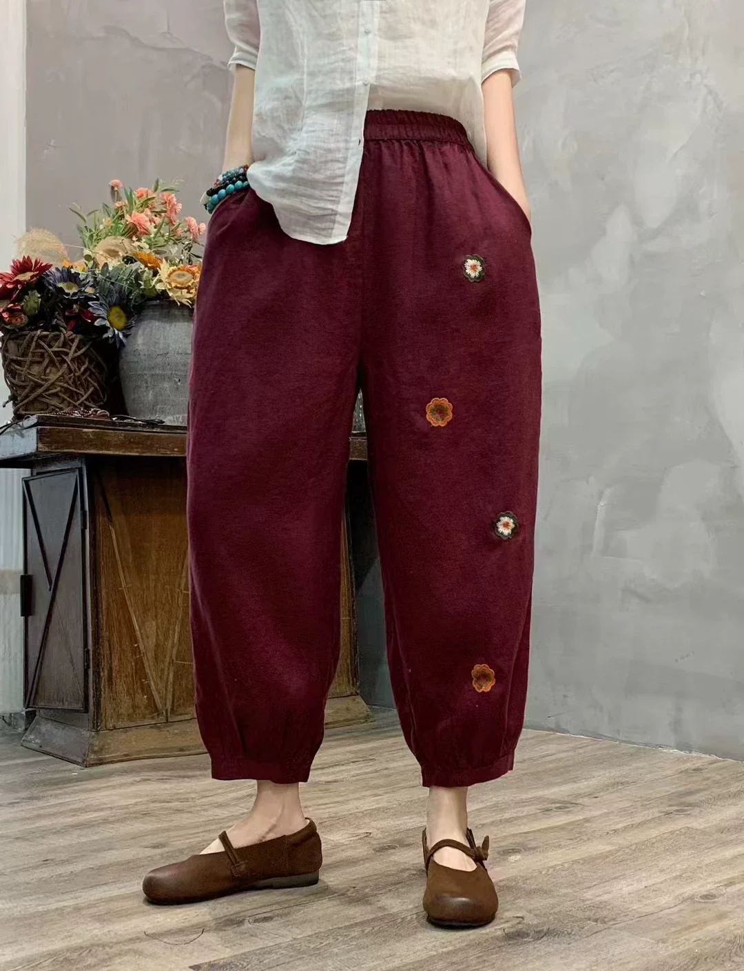 Summer Retro Linen Embroidered Elastic Waist Harem Pants