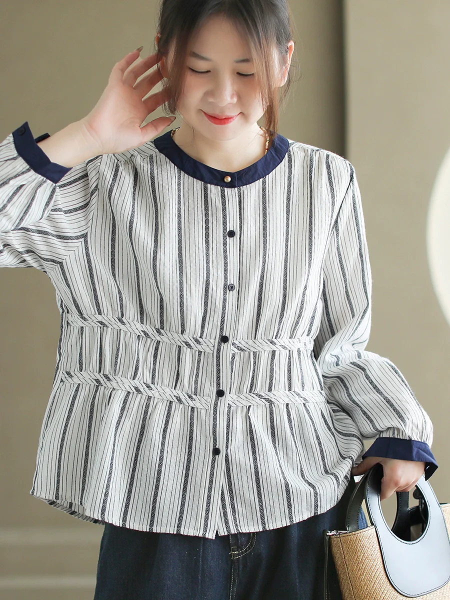 Autumn Cotton Striped Round Neck Patchwork Shirt