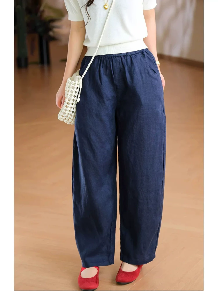 Spring Linen Casual Elastic Waist Loose Pocketed Pants