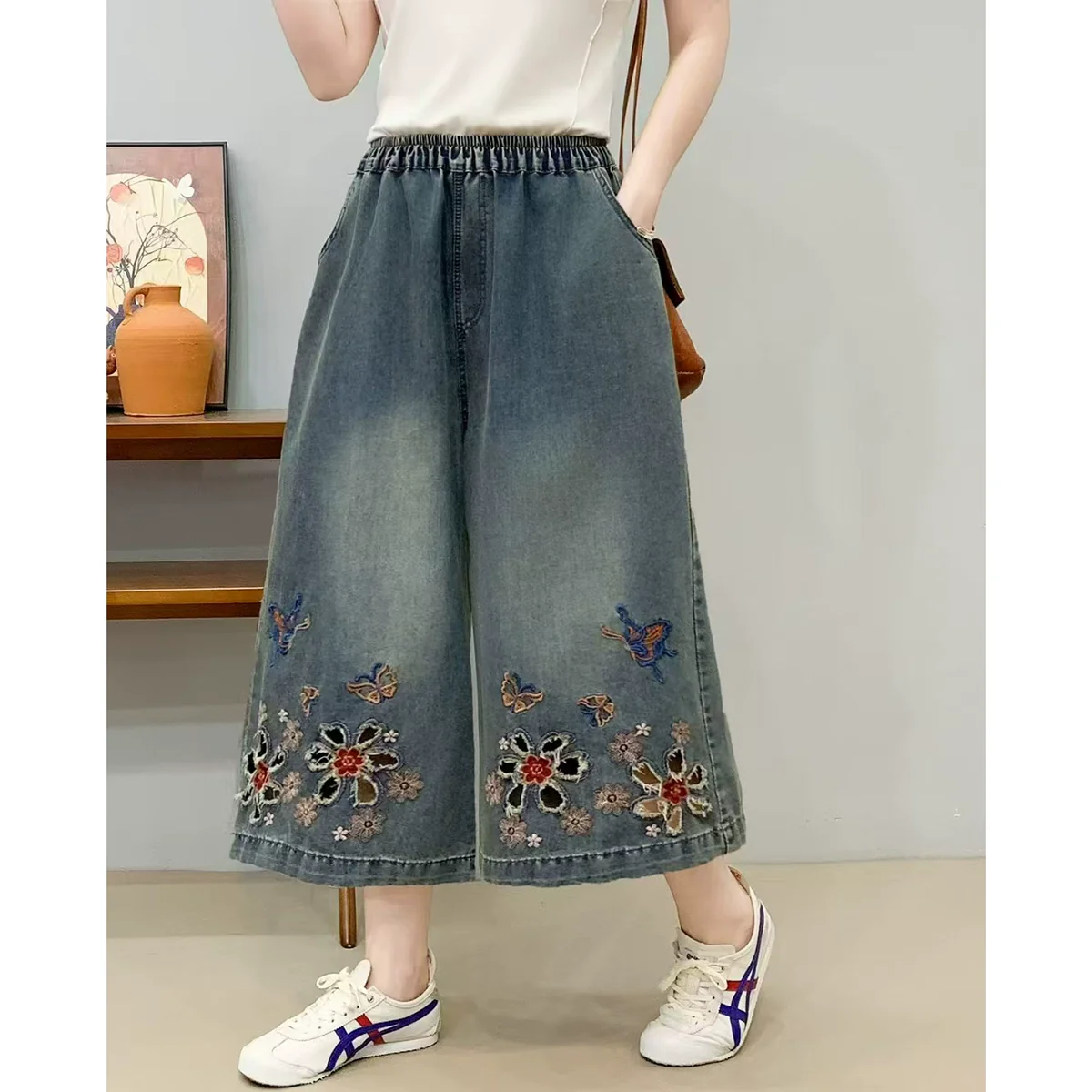Women Retro Denim Embroidered Loose Elastic Waist Pants