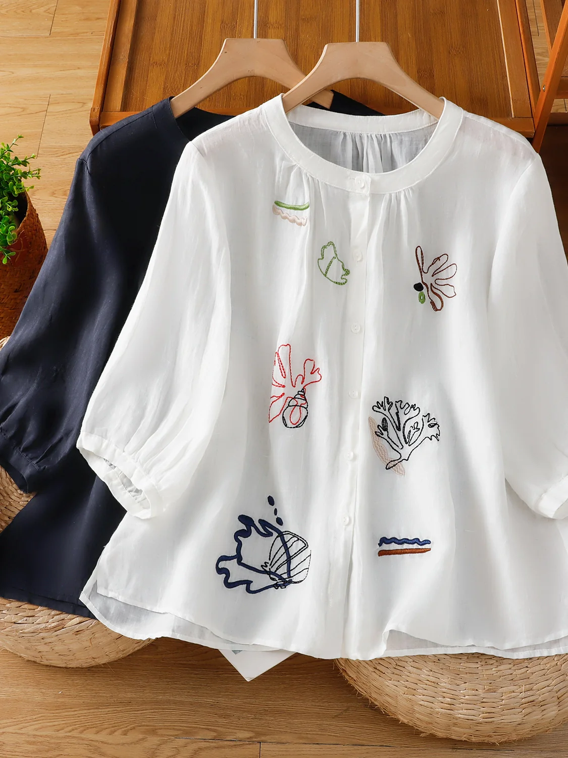 Retro Ramie Round Neck Casual Loose Thin Embroidered Shirt