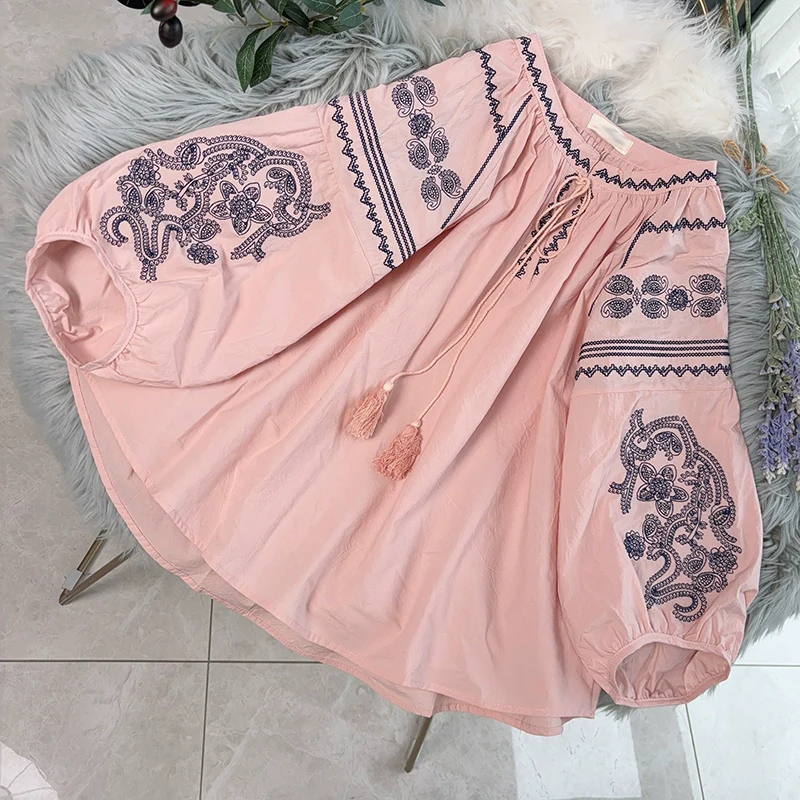 Women Retro Autumn Cotton Round Neck Embroidered Shirt