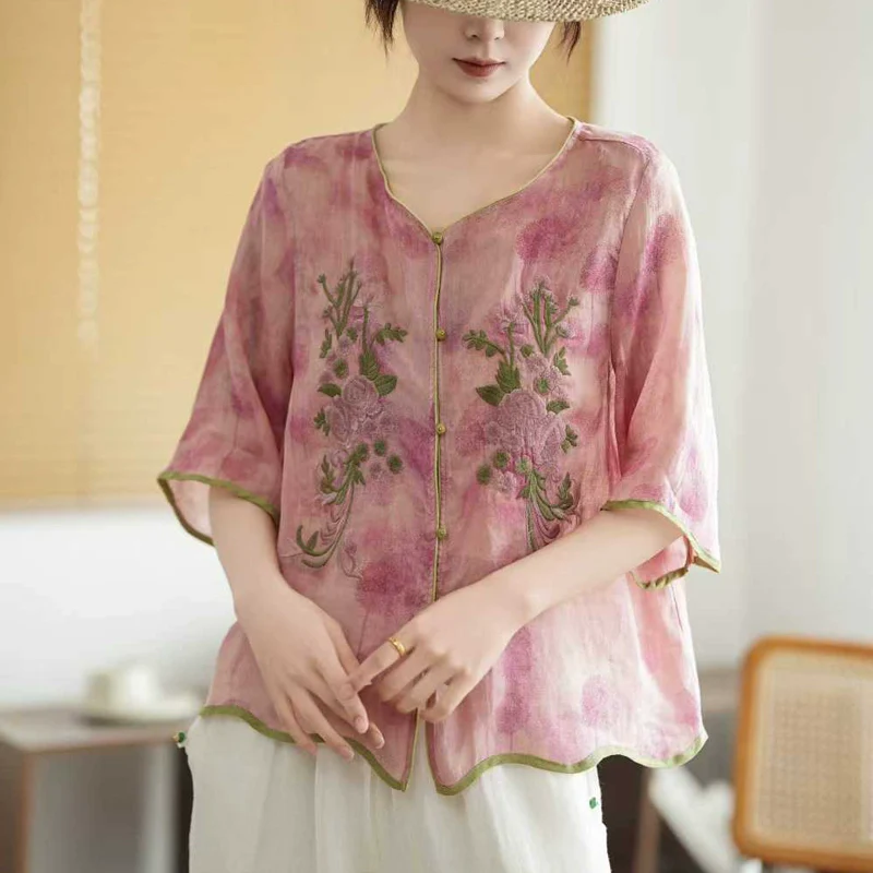 Women Summer Ramie Retro V-Neck Embroidered Loose Shirt