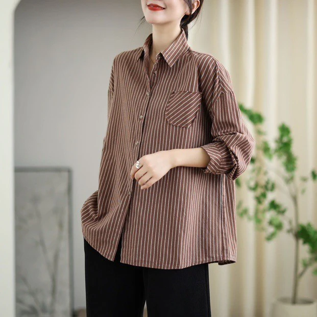 Retro Cotton Striped Casual Loose Patchwork Shirt