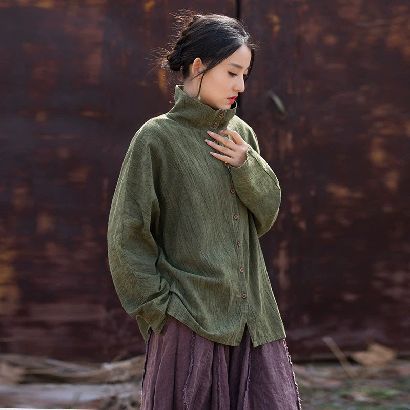 Autumn Ramie Cotton Loose Versatile Stand Collar Shirt