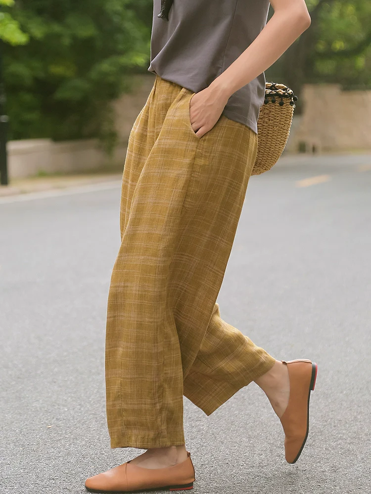 Women Summer Retro Linen Casual Plaid Loose Pants