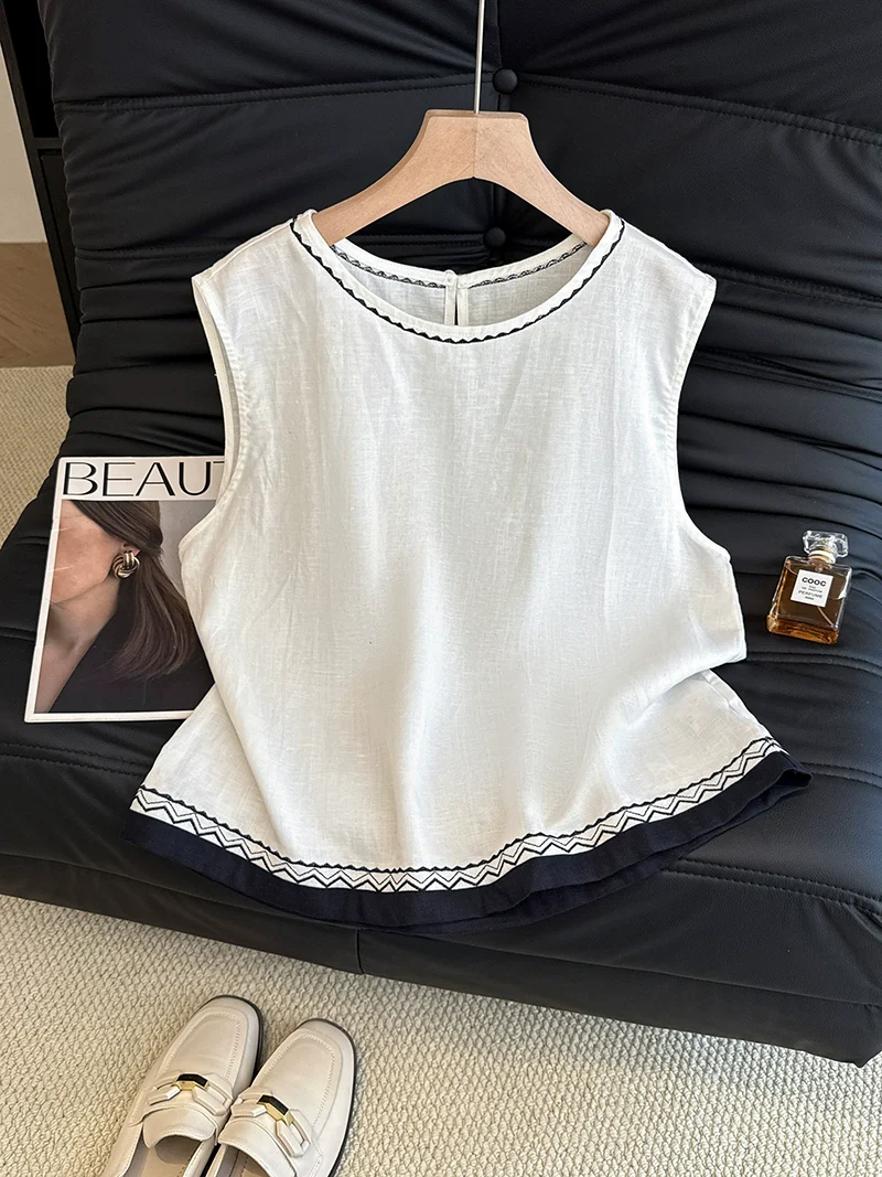 Versatile Linen Embroidered Sleeveless Tops