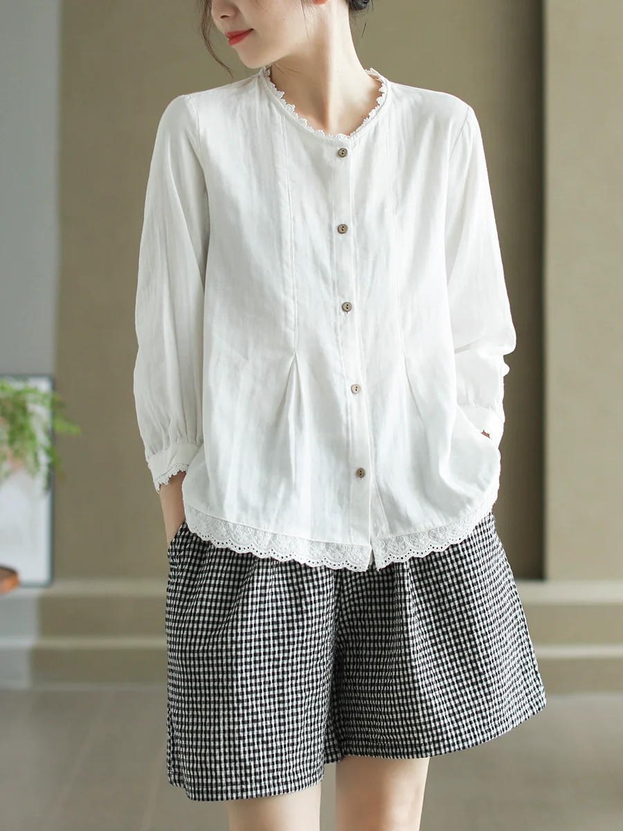 Women Autumn Cotton Lace Trim Round Neck Shirt