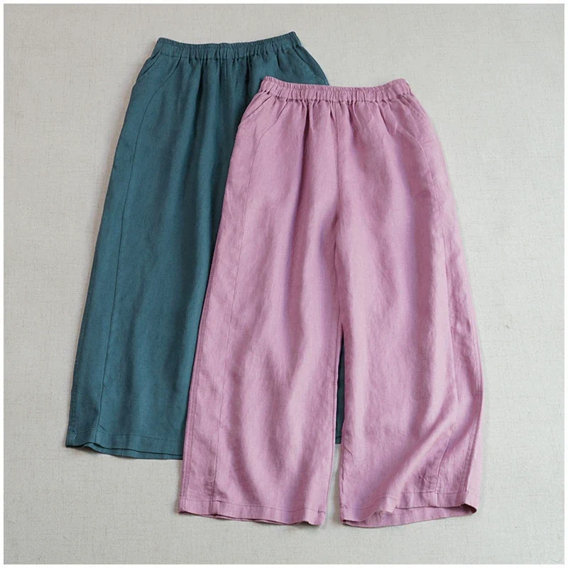 Women Summer Retro Linen Solid Color Loose Cropped Pants