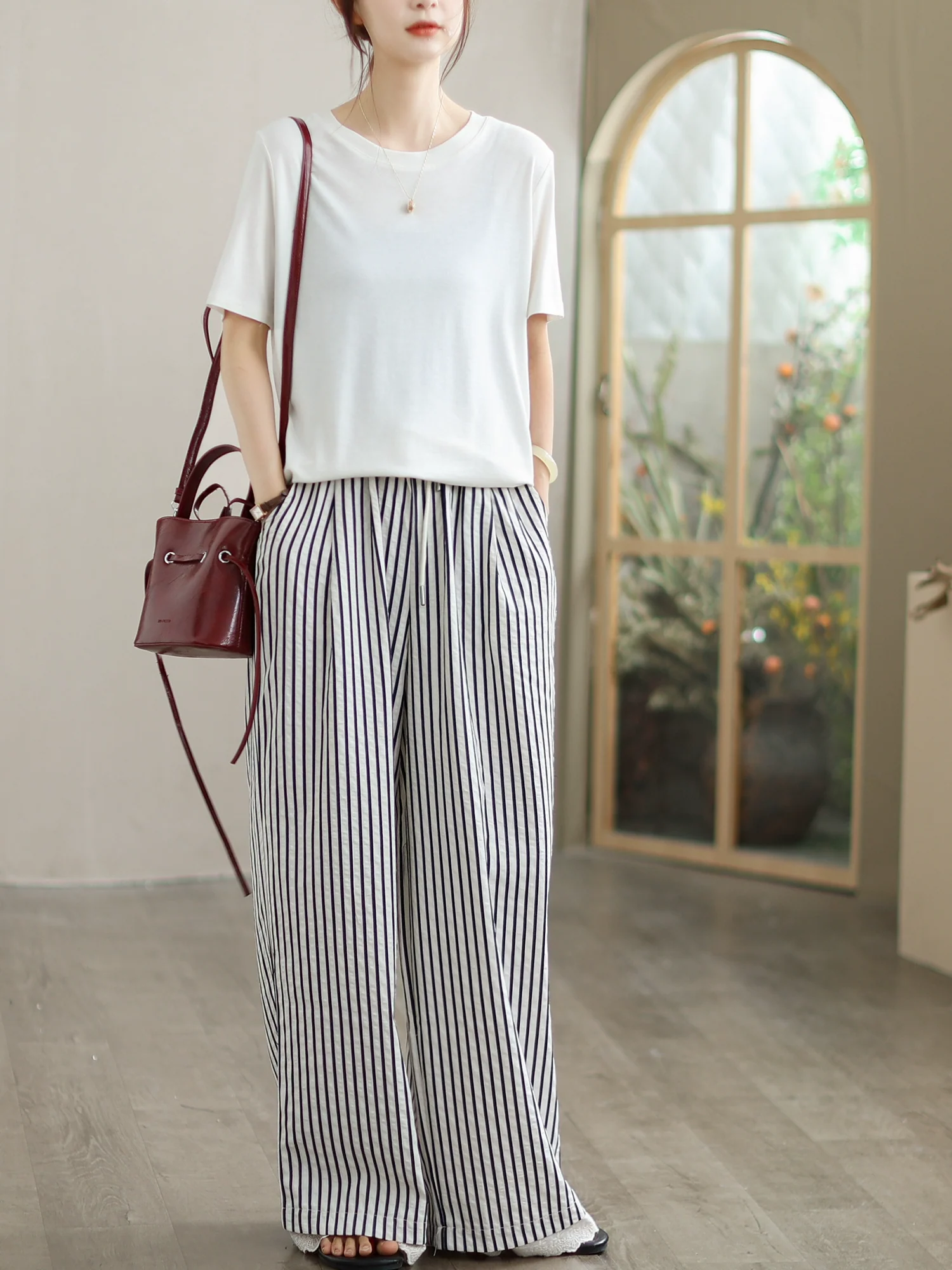 Women Retro Cotton Striped Scalloped Hem Lace Up Pants