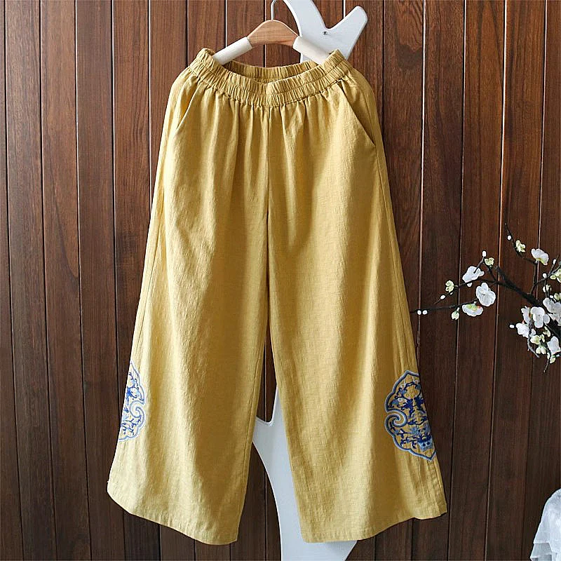 Women Autumn Linen Loose Embroidered Comfortable Pants