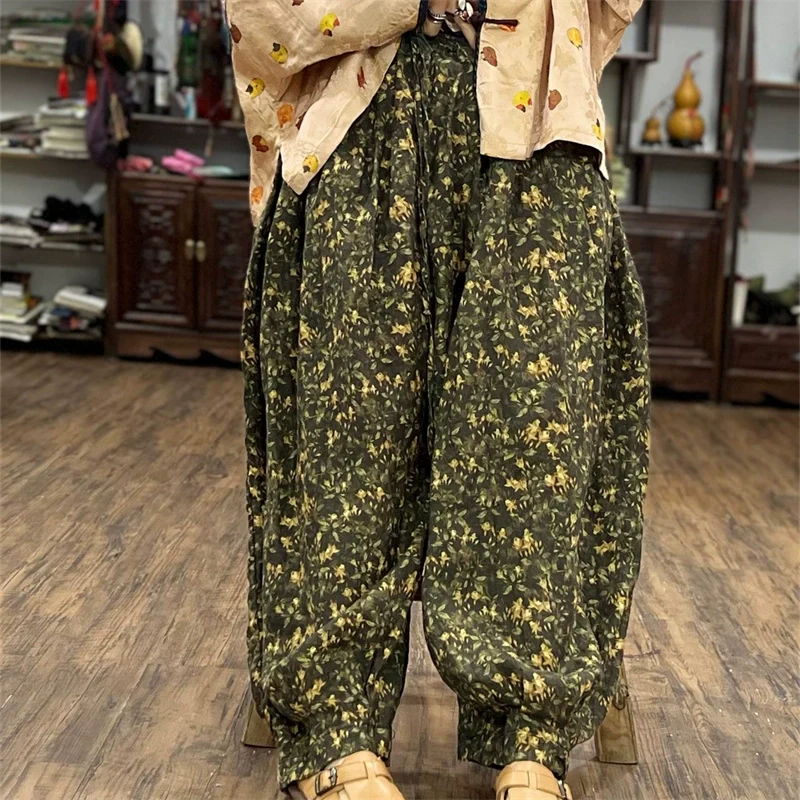 Retro Linen Floral Elastic Waist Loose Harem Pants