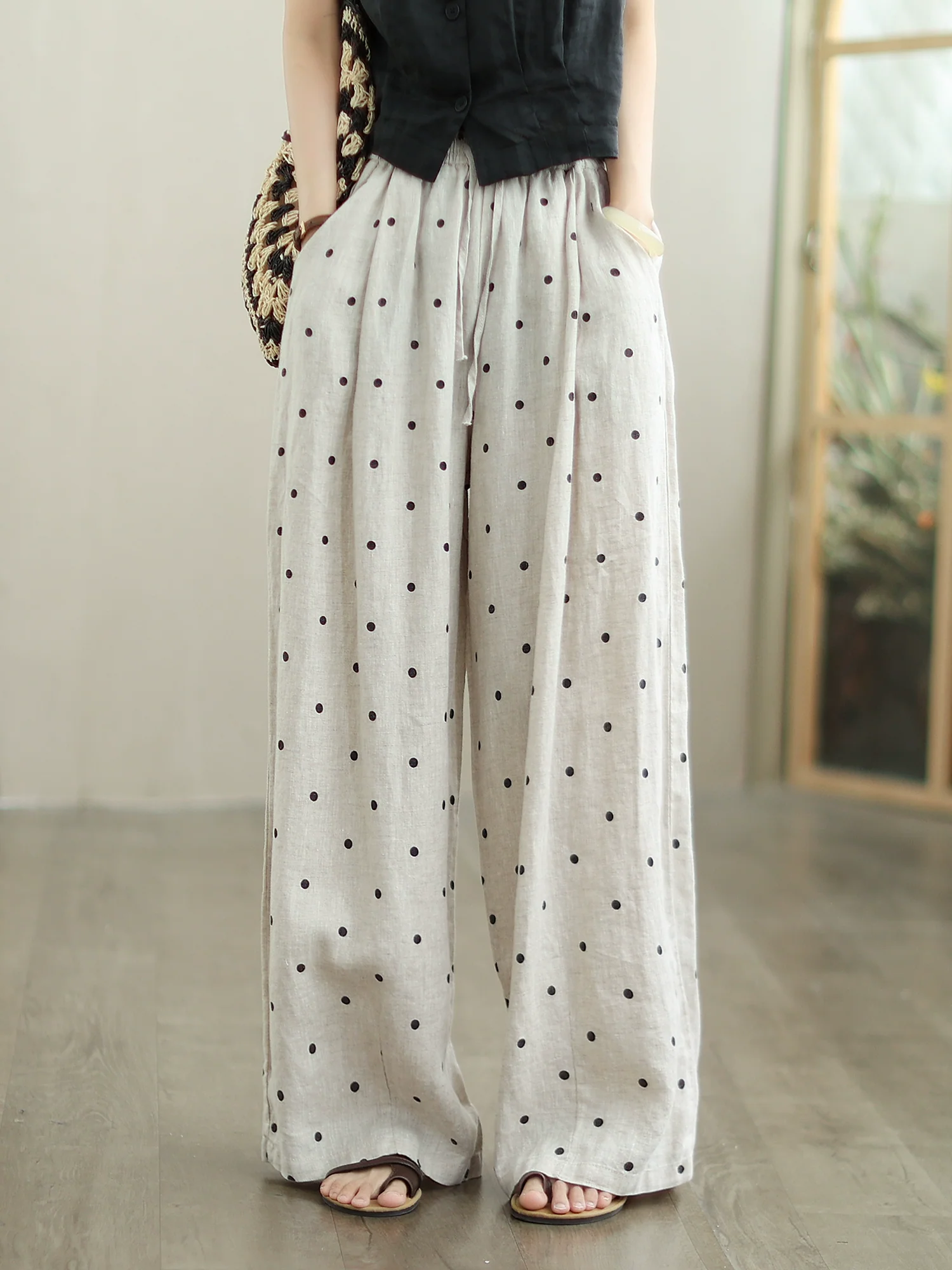 Women Fashionable Linen Polka Dots Versatile Pants