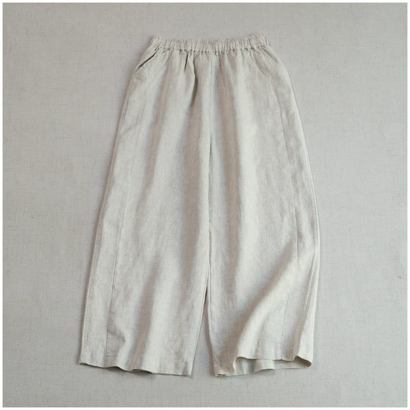 Women Summer Retro Linen Solid Color Loose Cropped Pants