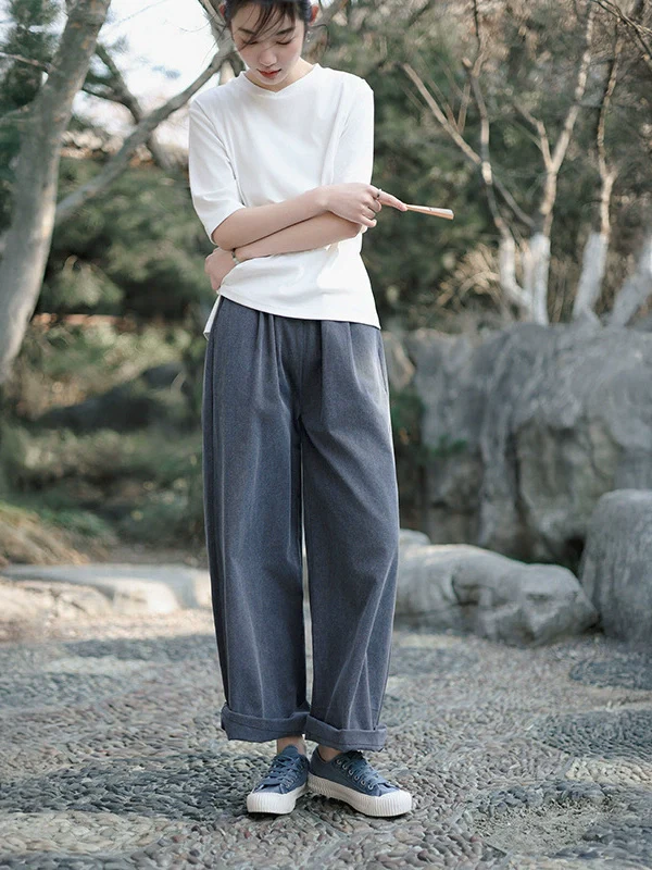 Women Casual Cotton Versatile Elastic Waist Solid Color Pants