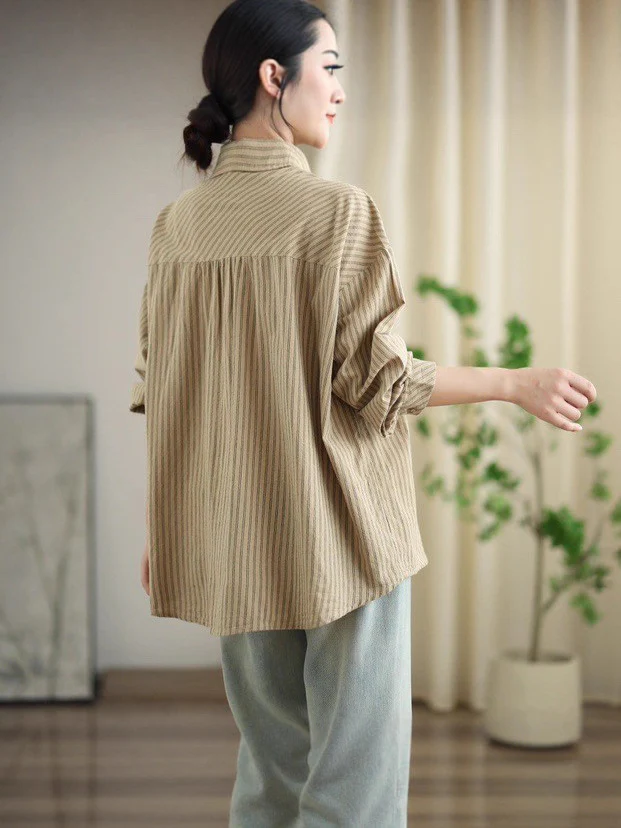 Retro Cotton Striped Casual Loose Patchwork Shirt