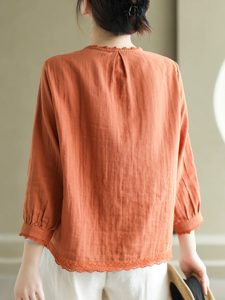 Women Autumn Cotton Lace Trim Round Neck Shirt