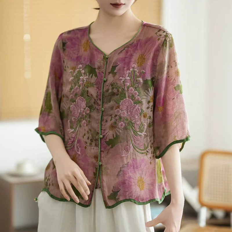 Women Summer Ramie Retro V-Neck Embroidered Loose Shirt