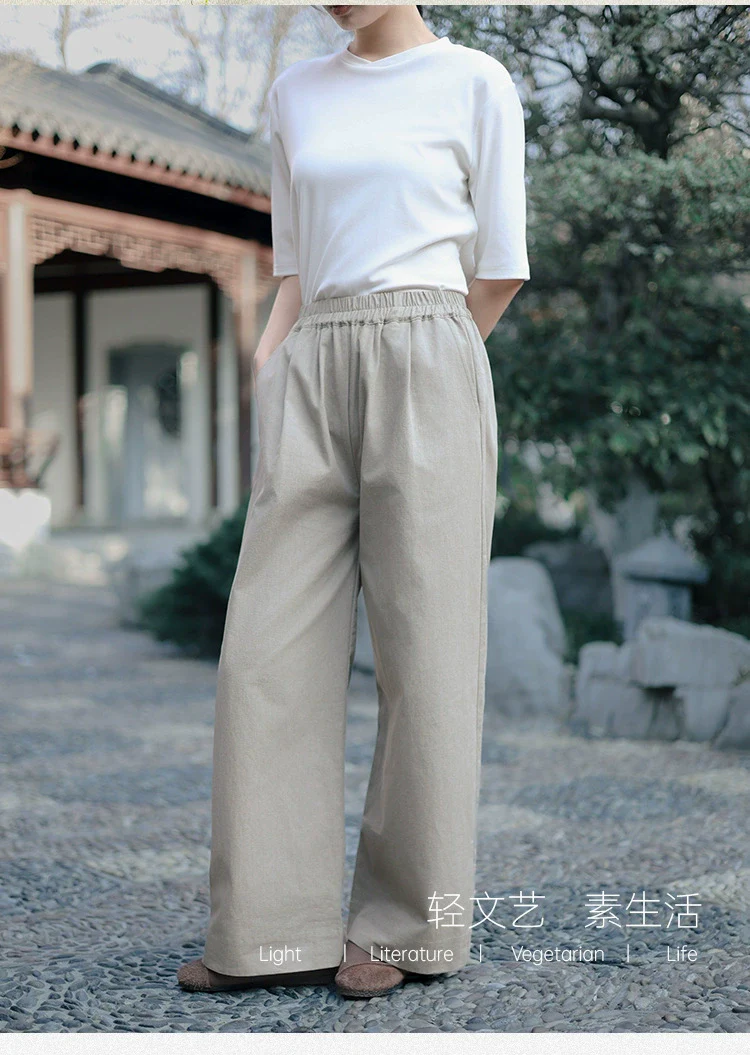 Women Casual Cotton Versatile Elastic Waist Solid Color Pants