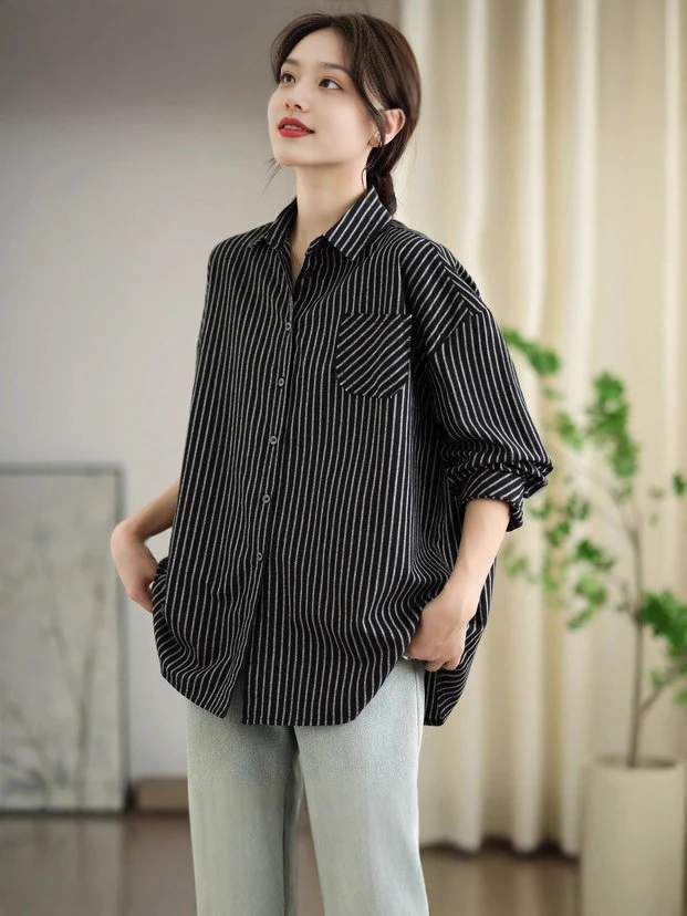 Retro Cotton Striped Casual Loose Patchwork Shirt