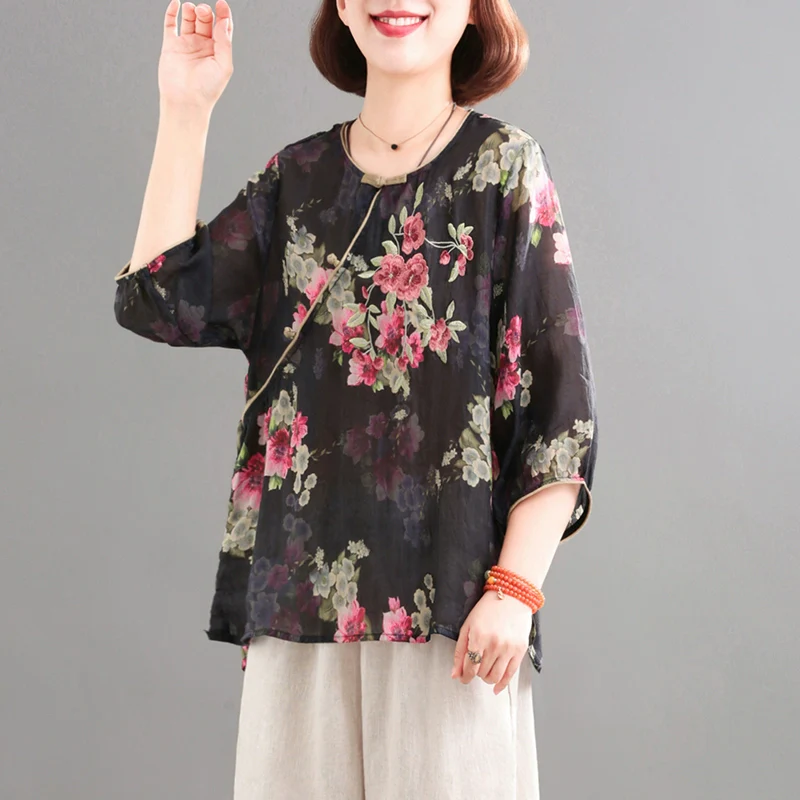 Women Round Toe Ramie Floral Loose Shirt