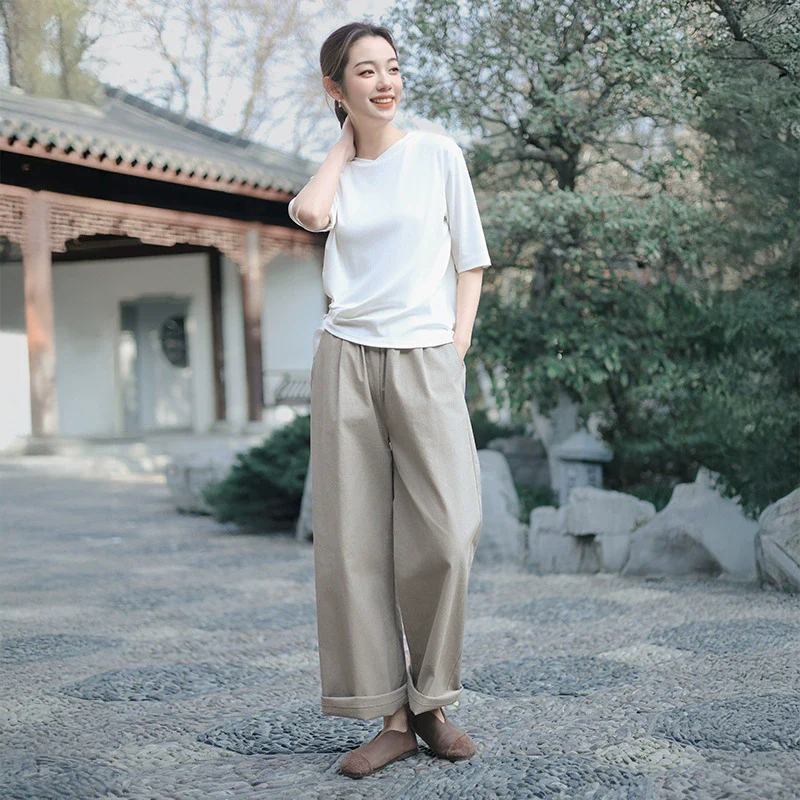 Women Casual Cotton Versatile Elastic Waist Solid Color Pants