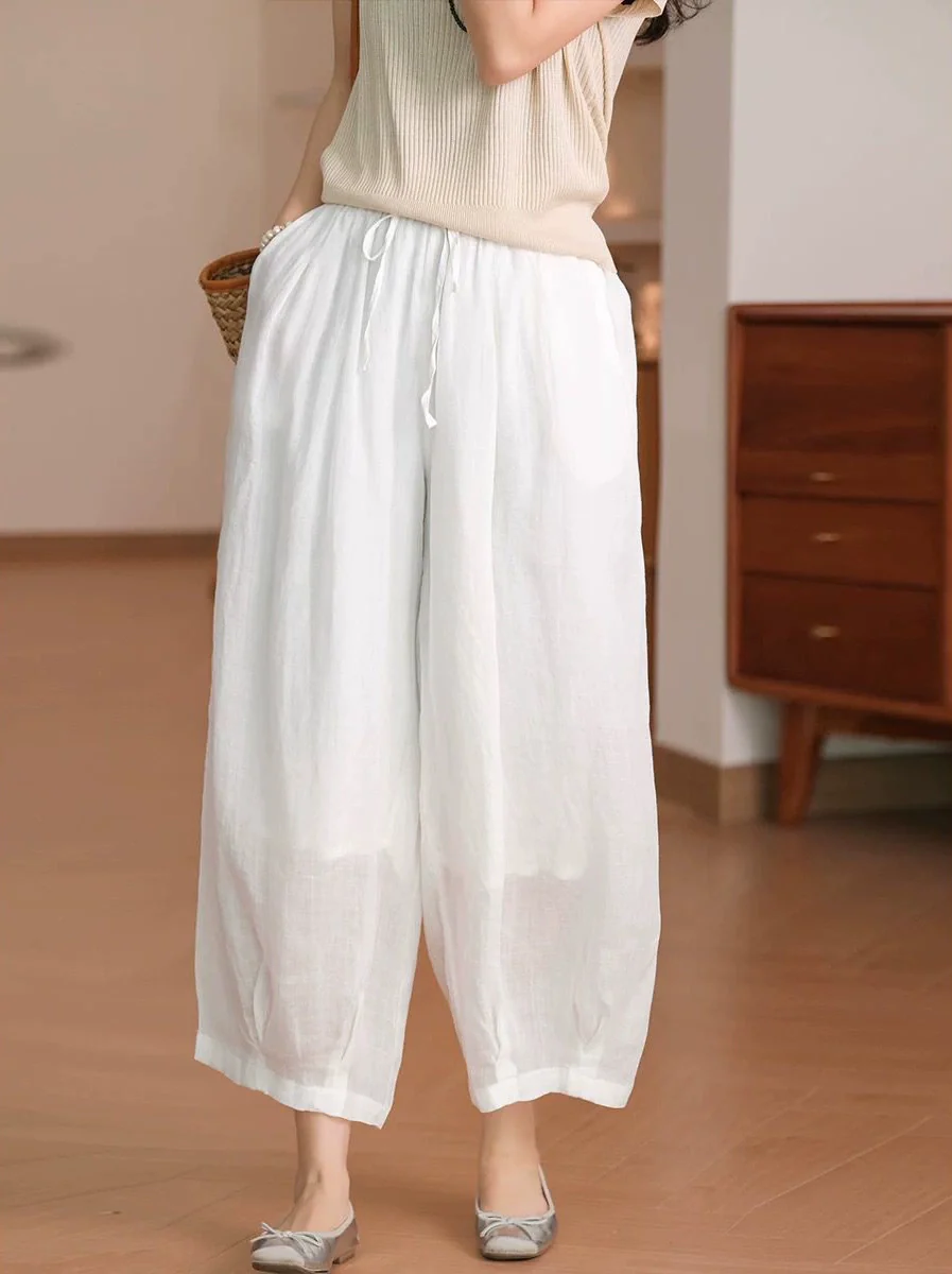 Retro Linen Versatile Double-Layer Casual Loose Elastic Waist Lace Up Pants