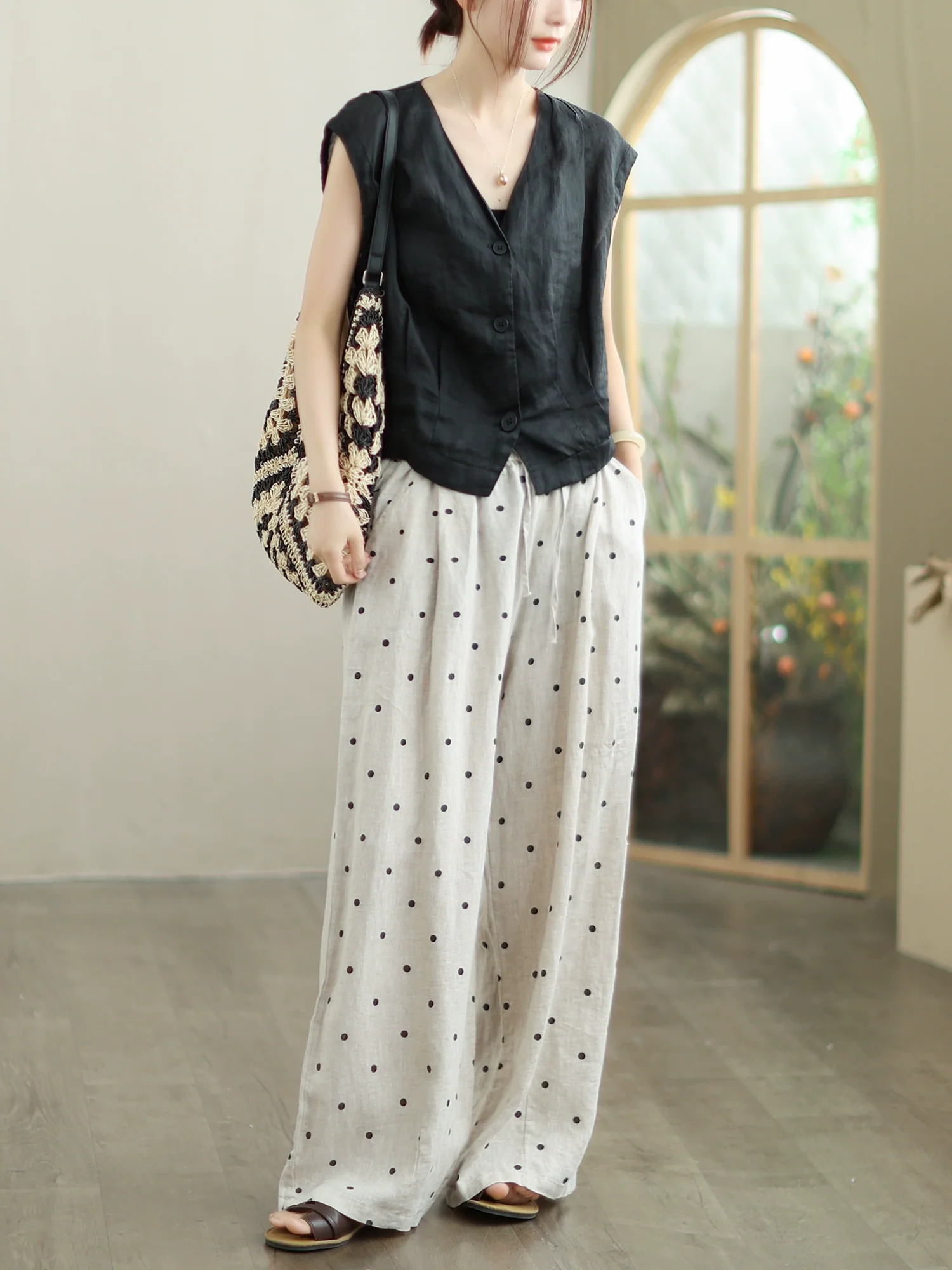 Women Fashionable Linen Polka Dots Versatile Pants